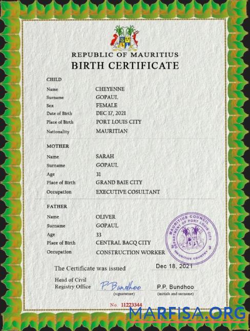 Printable Mauritius vital record birth certificate PSD template